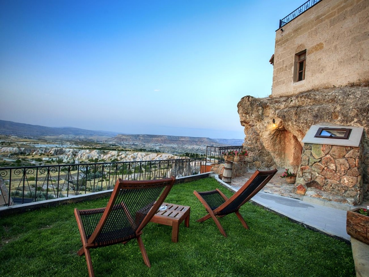 Terrace with loungers at Museum Hotel in Cappadocia in Turkey