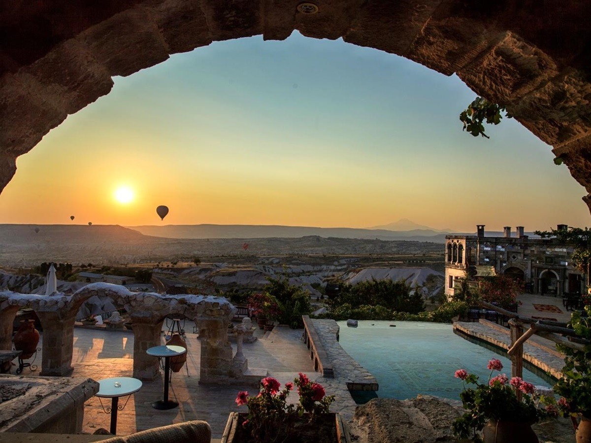View from arch at Museum Hotel in Cappadocia in Turkey