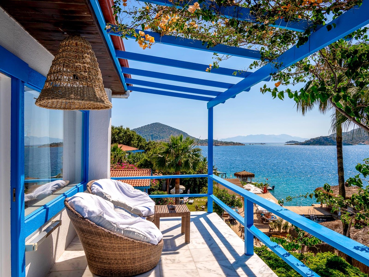 Balcony overlooking the ocean at Sabrina's Haus luxury hotel in Turkey