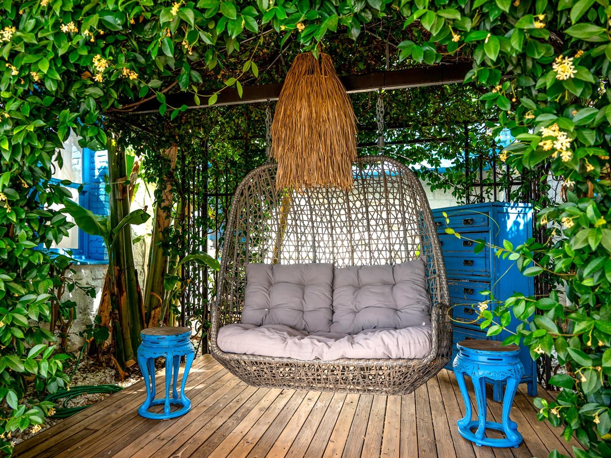 Swinging chair on the terrace at Sabrina's Haus luxury hotel in Turkey