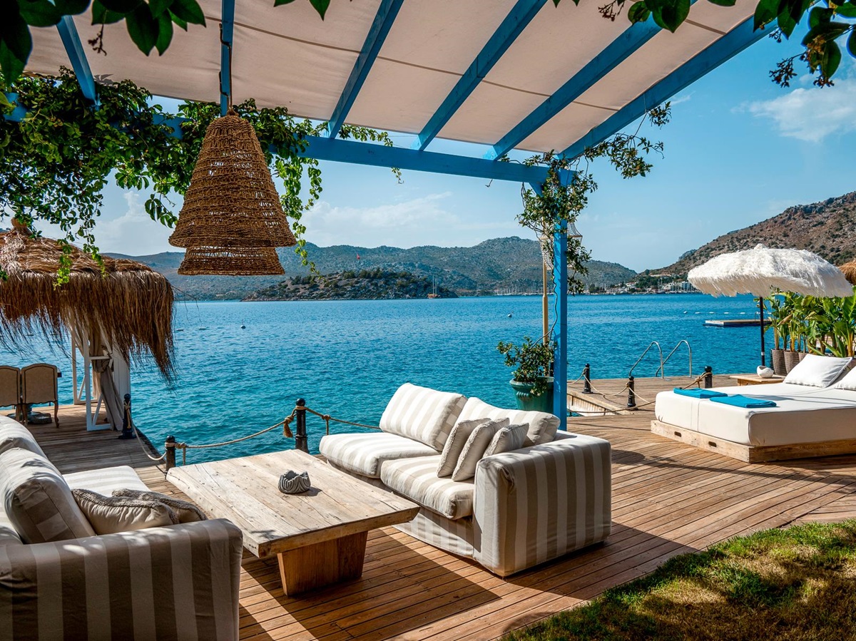 Lounge terrace with sea views at Sabrina's Haus luxury hotel in Turkey