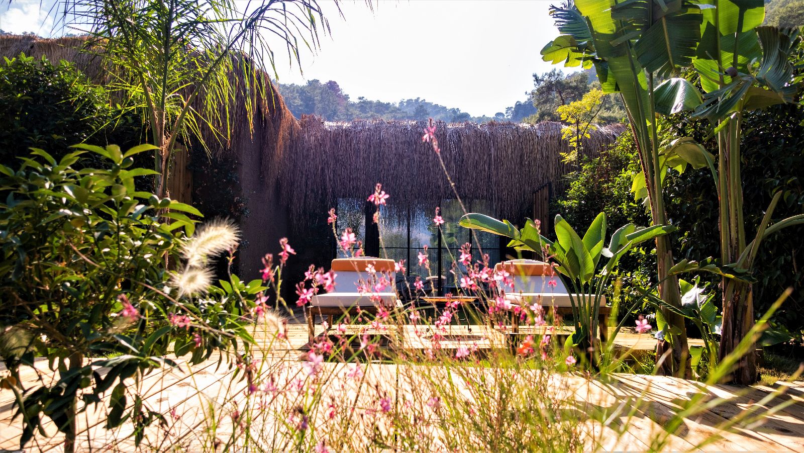 Terrace surrounded by flowers at the Yazz Collective near Fethiye Turkey