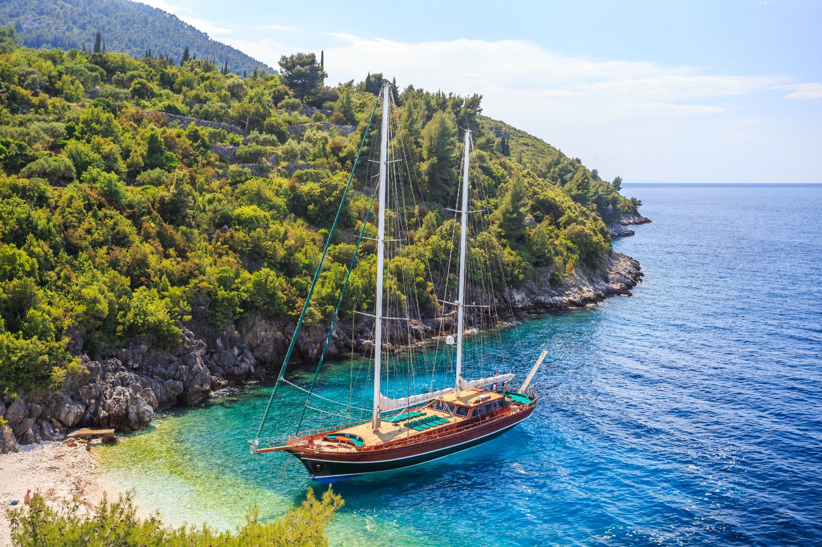 Carpe Diem 7 gulet moored in a bay in Turkey