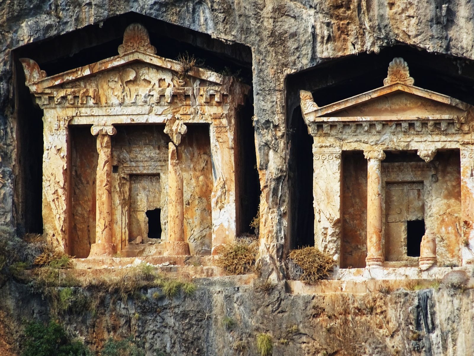 Detail of the rock tombs in the cliff at Dalyan in Turkey