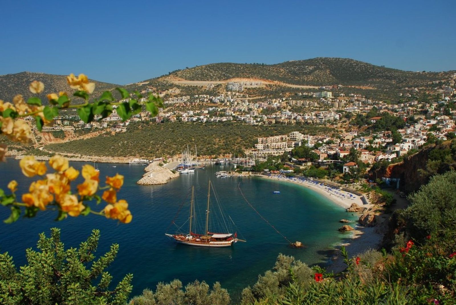 Aerial view of a gulet moored in Kalkan Harbour