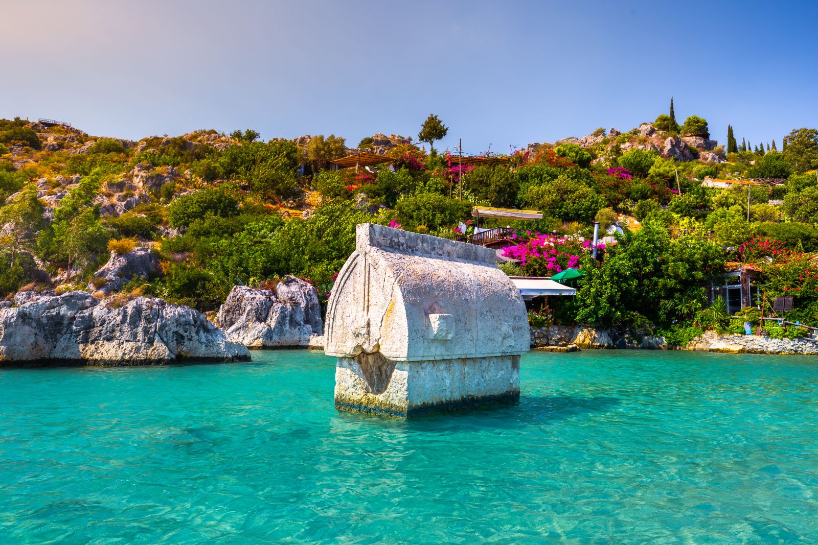 Ruins partially submerged off a picturesque beach in Kekova, Turkey