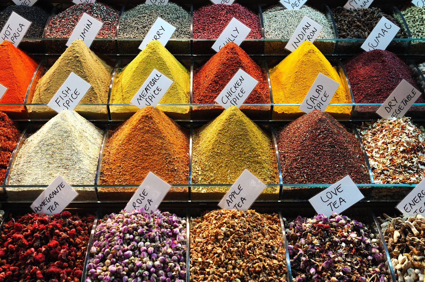 A selection of spices at a spice market in Turkey