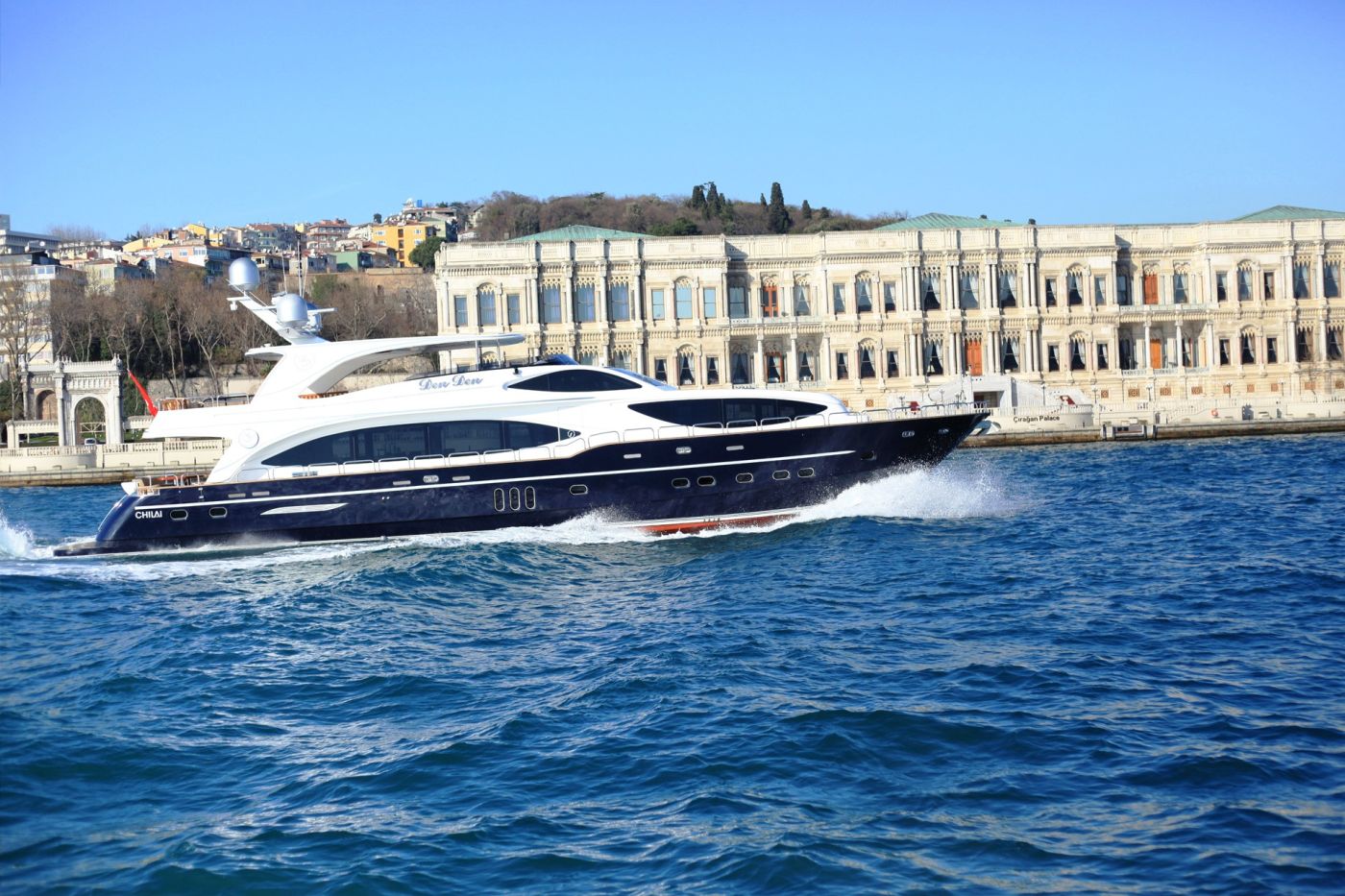 A boat cruising on the Bosphorus river in Istanbul, Turkey