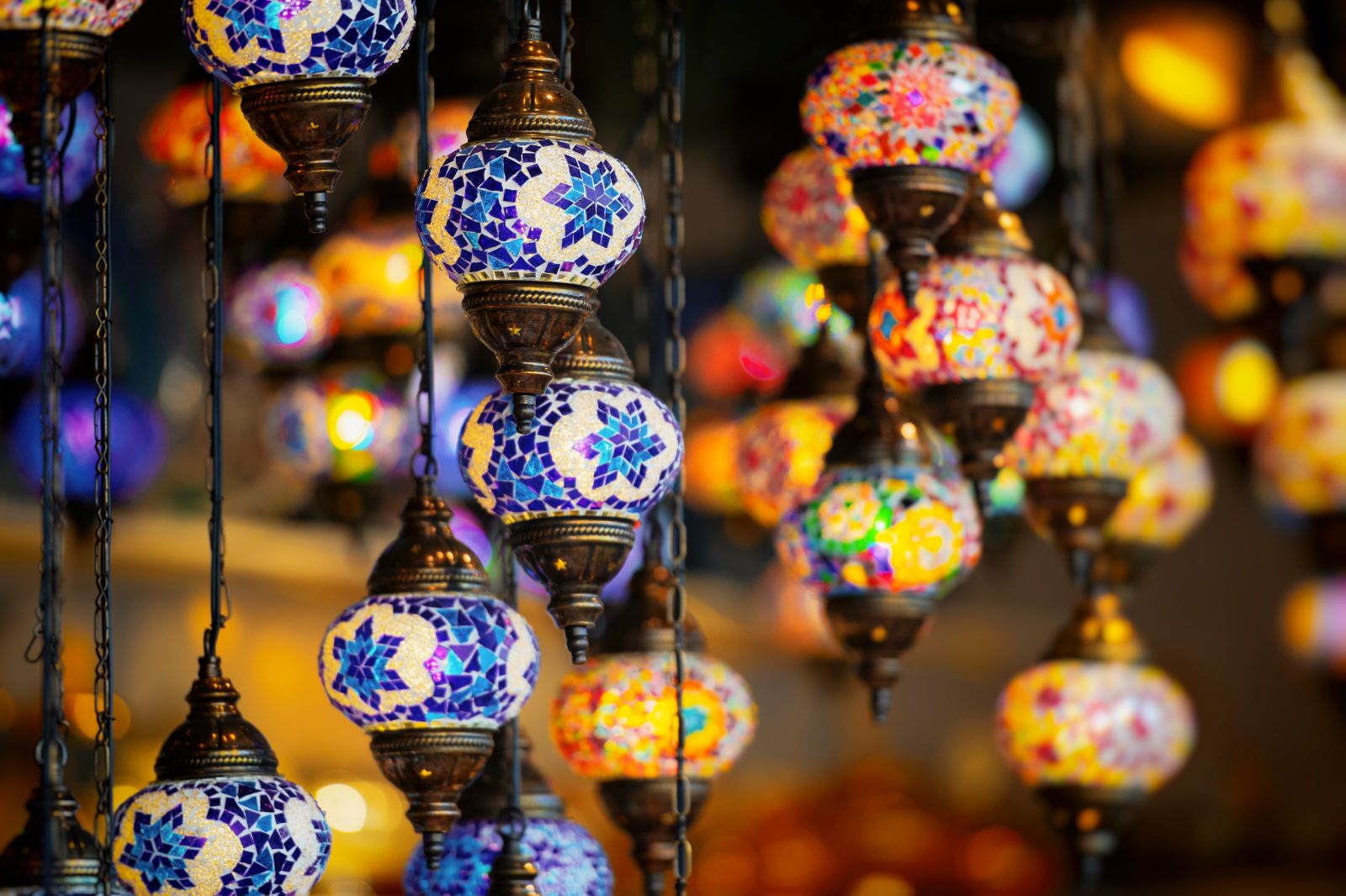 Colourful lanterns hanging in a souk in Abu Dhabi