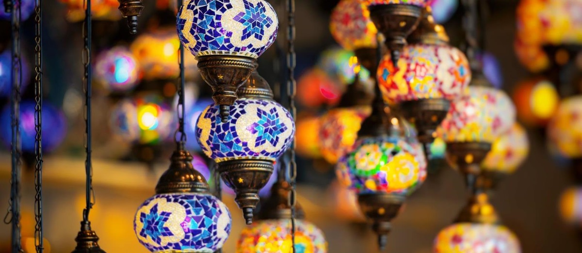Colourful lanterns hanging in a souk in Abu Dhabi