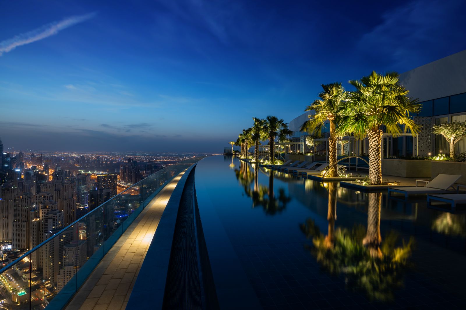 View from the pool deck at luxury resort Address in Dubai at night