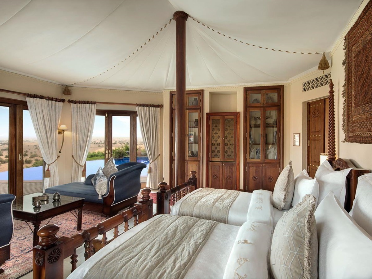 Tented suite bedroom at Al Maha A Luxury Collection Desert Resort & Spa in Dubai