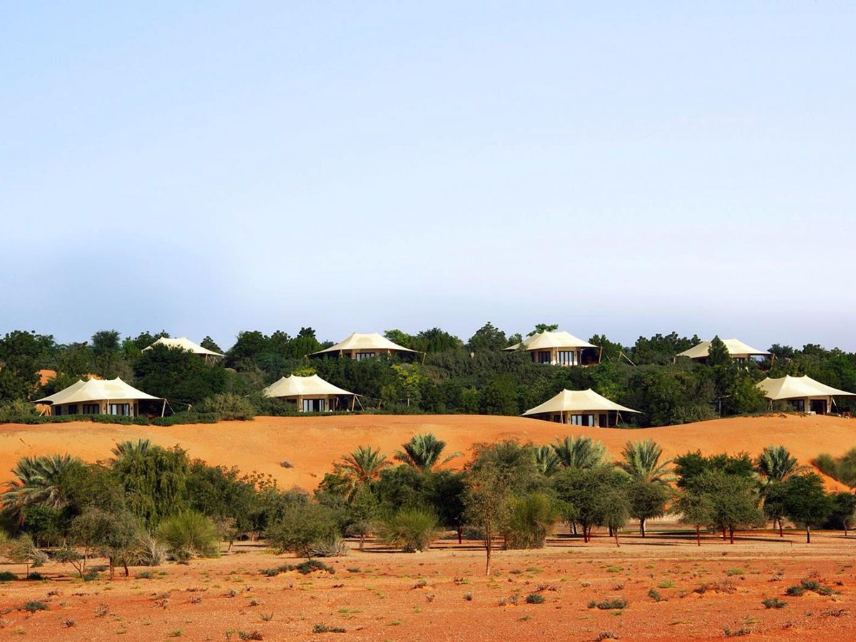 View of desert and tented suites at Al Maha A Luxury Collection Desert Resort & Spa in Dubai