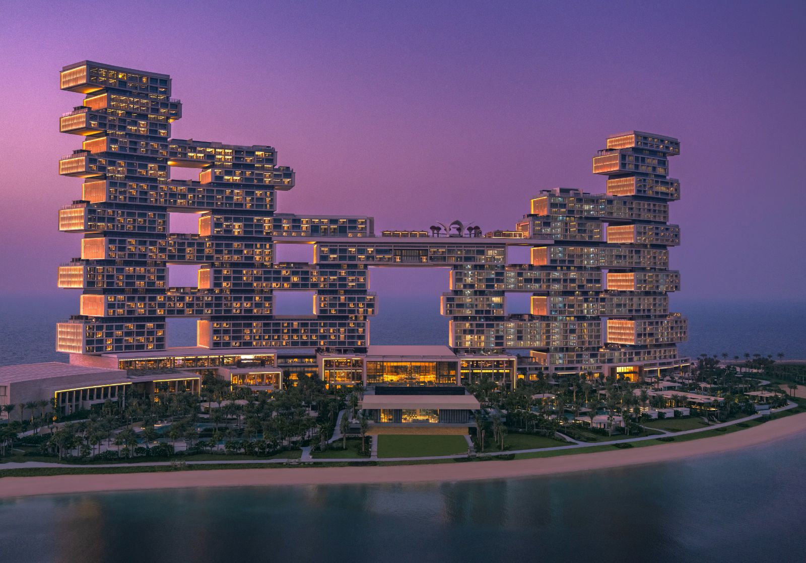 Twilight exterior view of Atlantis The Royal on the Palm Jumeirah in Dubai