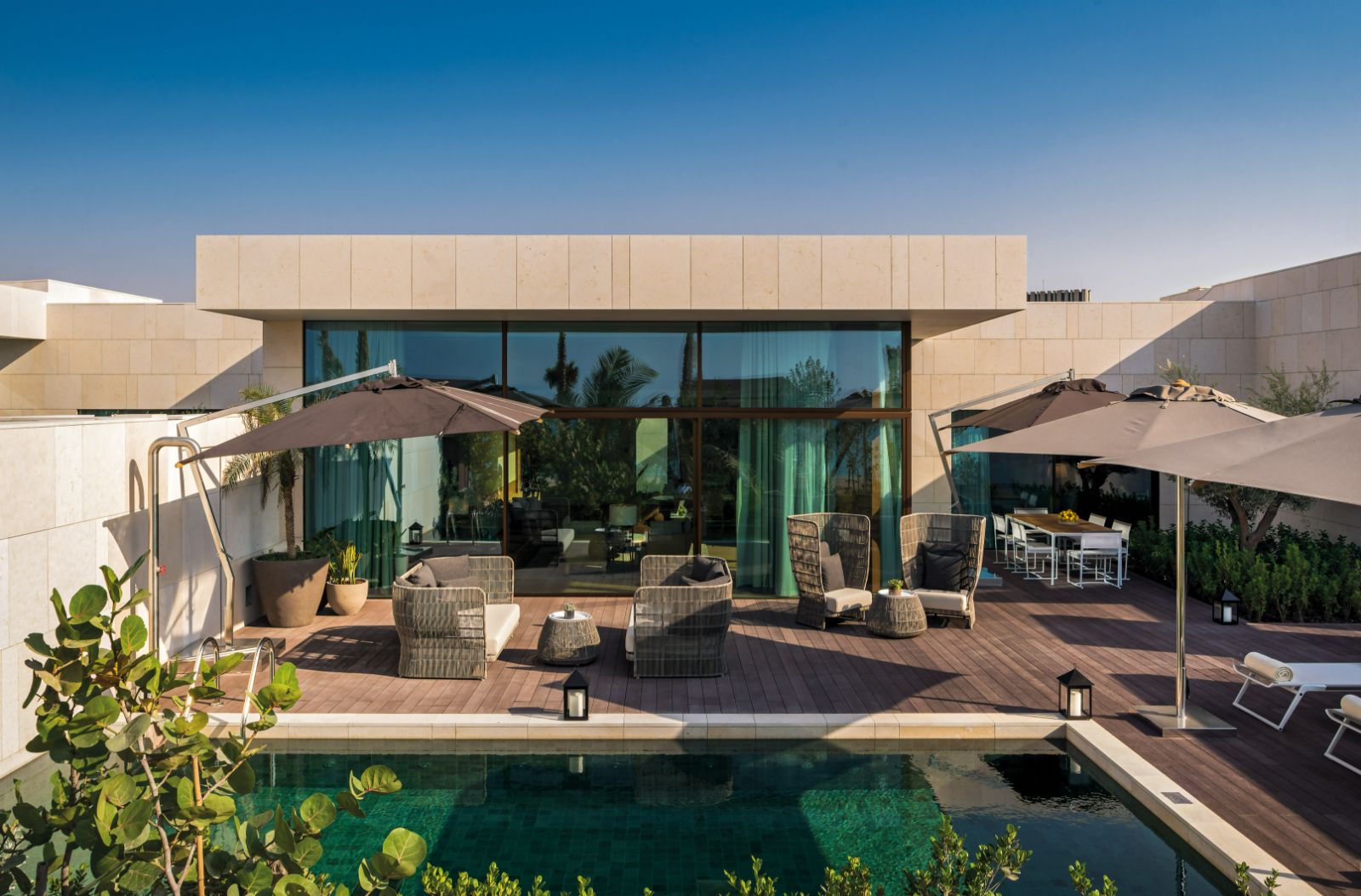 Beach villa exterior at Bulgari Resort Dubai on Jumeirah Bay island