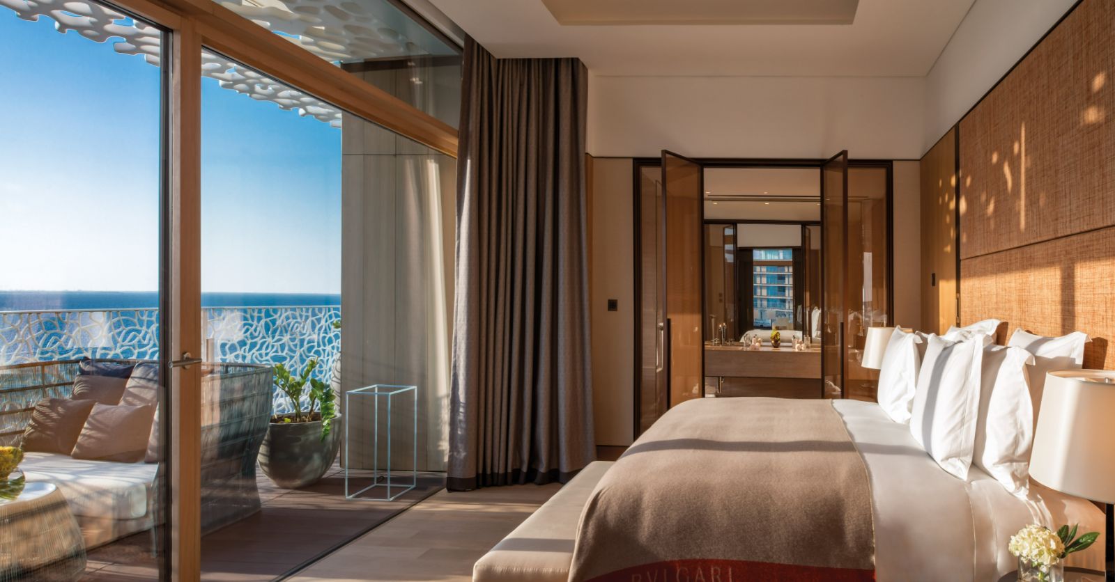 Guest suite bedroom at Bulgari Resort Dubai on Jumeirah Bay island