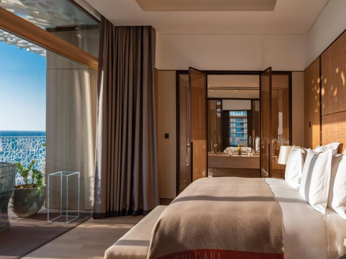 Guest suite bedroom at Bulgari Resort Dubai on Jumeirah Bay island