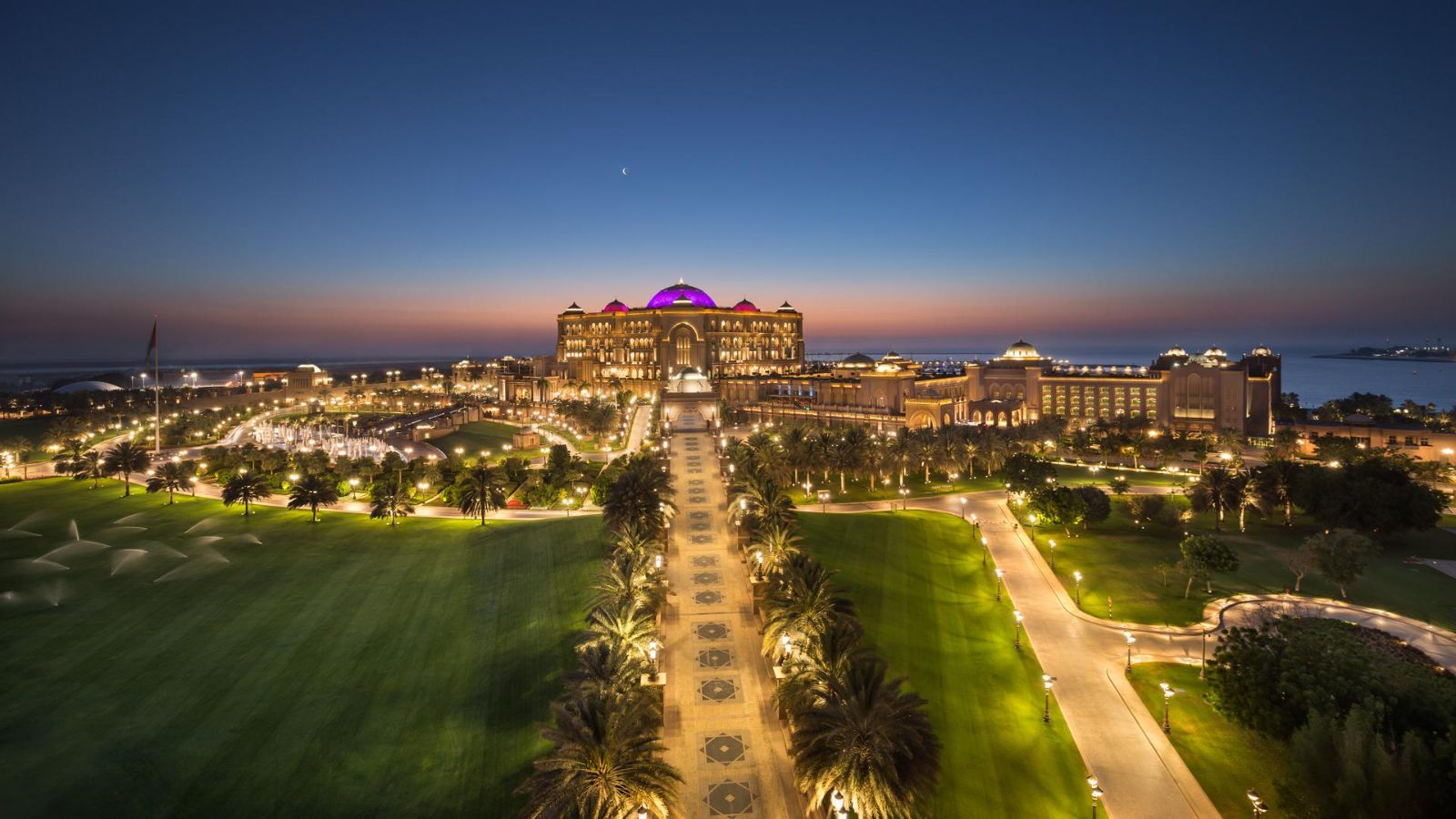 Aerial view at dusk of Emirates Palace Mandarin Oriental in Abu Dhabi