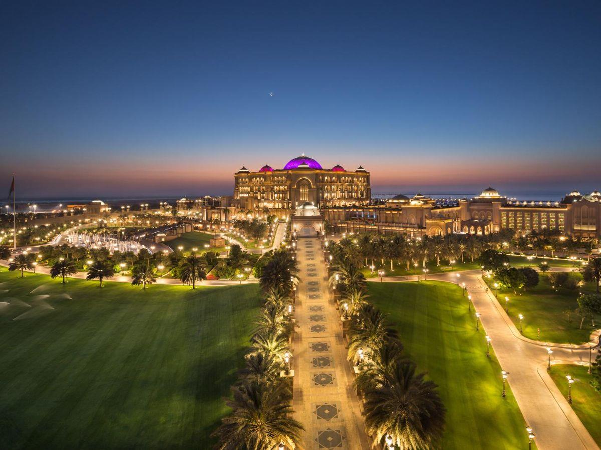 Aerial view at dusk of Emirates Palace Mandarin Oriental in Abu Dhabi