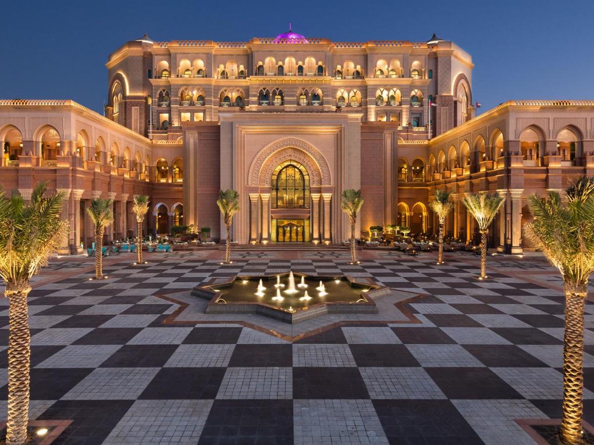 Exterior of Emirates Palace Mandarin Oriental in Abu Dhabi at dusk