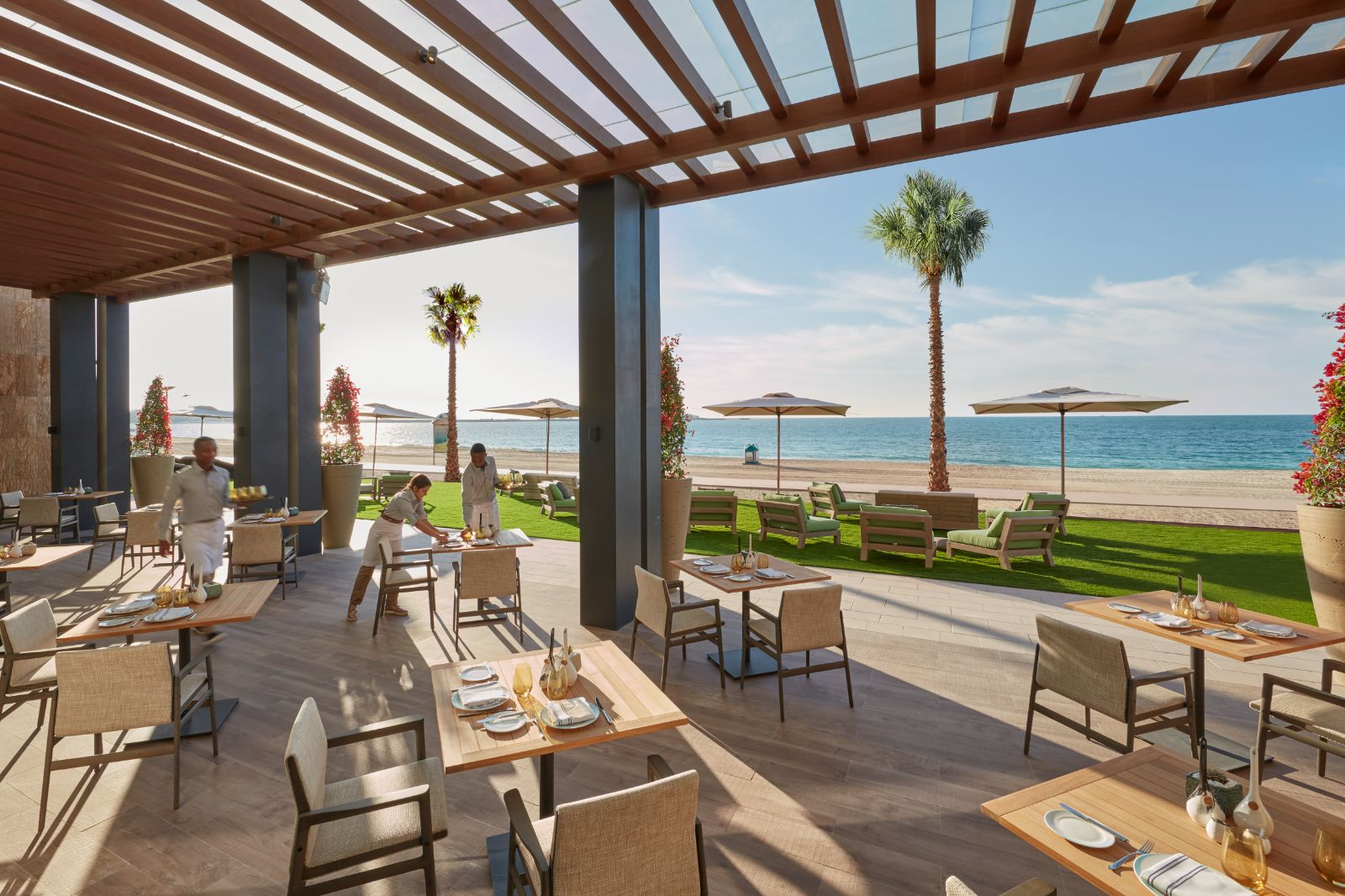 Terrace with seating and ocean views at Mandarin Oriental Jumeira in Dubai