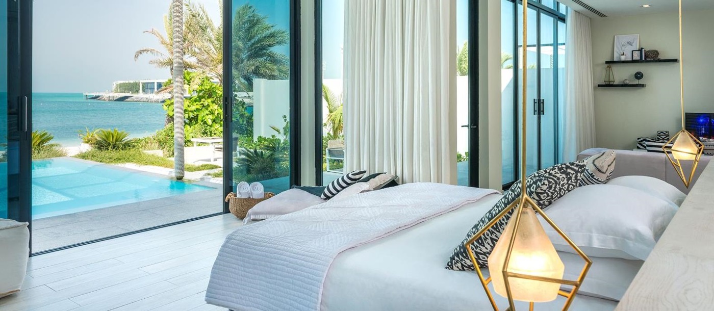 Villa bedroom at Nurai Island resort off the coast of Abu Dhabi in the United Arab Emirates