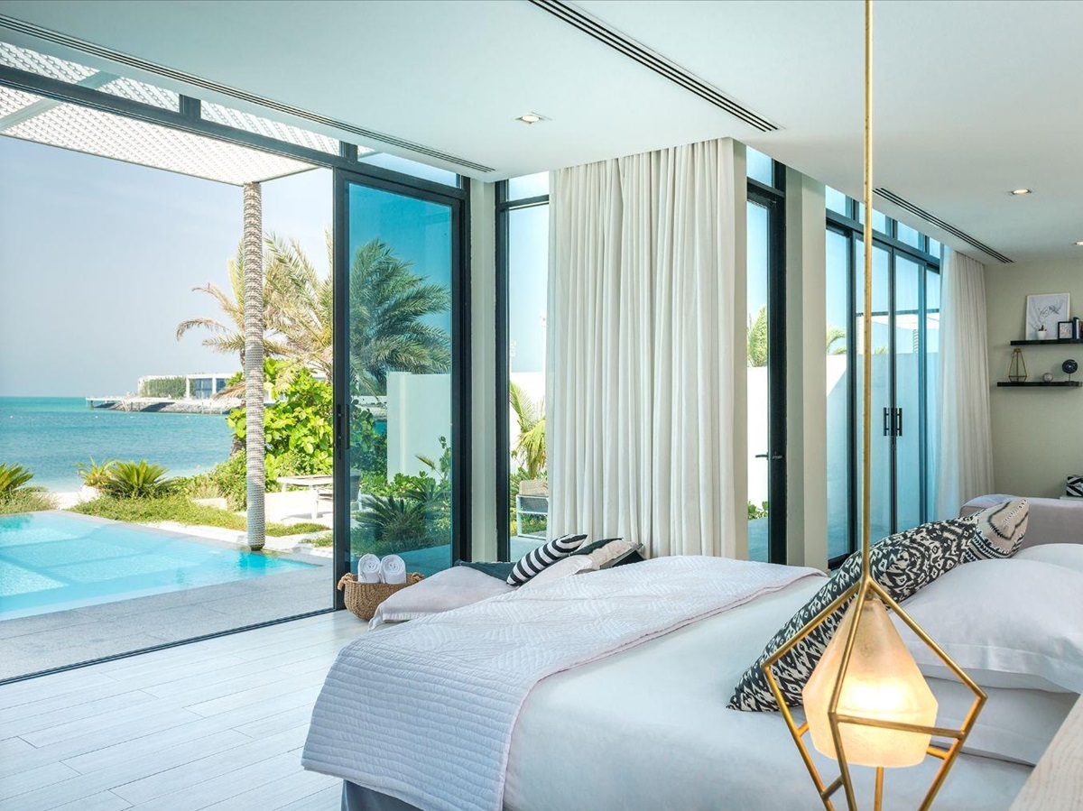 Villa bedroom at Nurai Island resort off the coast of Abu Dhabi in the United Arab Emirates
