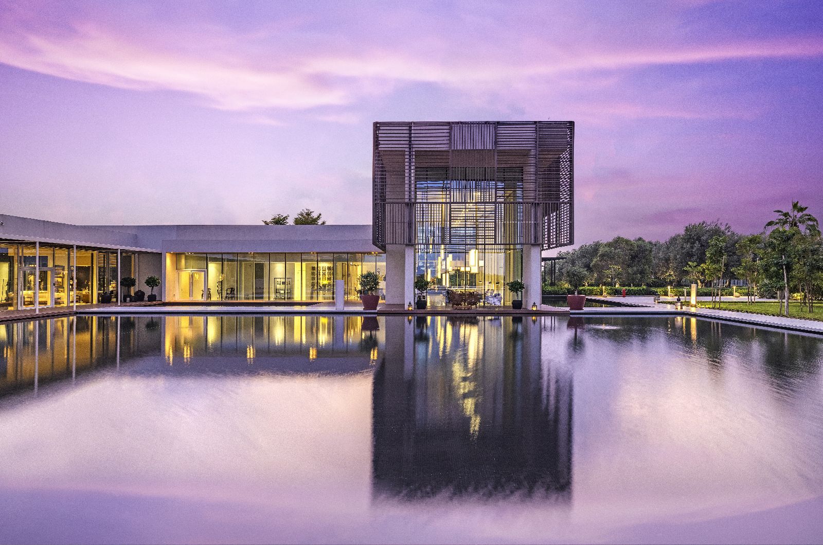 Sunset exterior shot of luxury beach resort The Oberoi Al Zorah in the United Arab Emirates