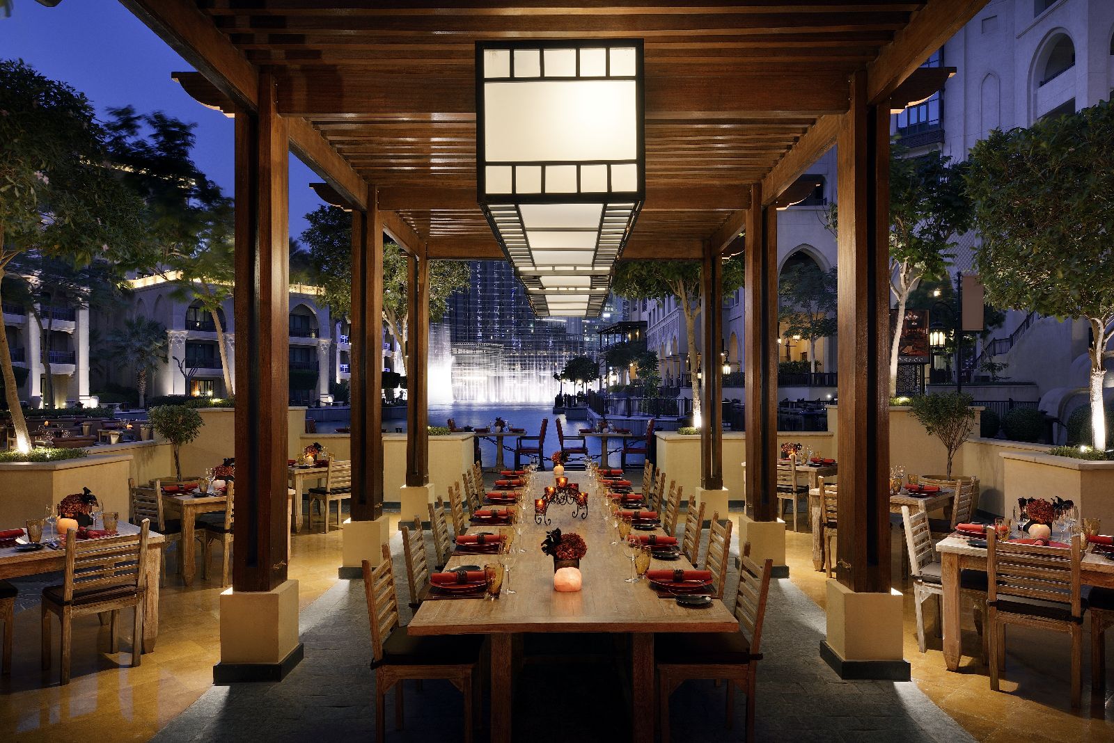 Restaurant terrace at The Palace Downtown Dubai by night