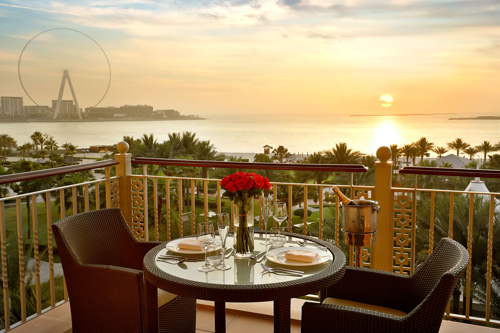 Balcony dining overlooking Bluewaters Island at Ritz Carlton Dubai