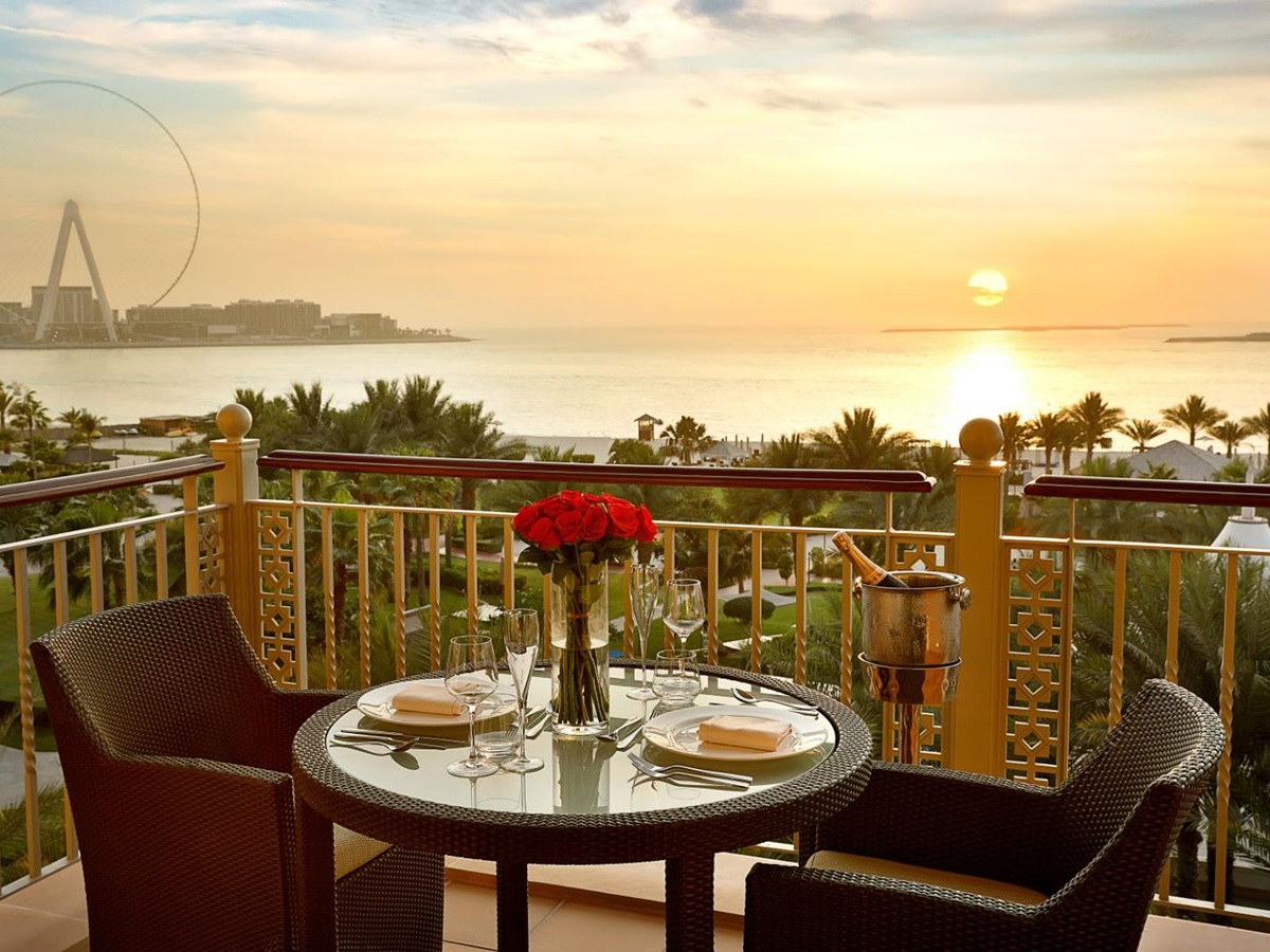 Balcony dining overlooking Bluewaters Island at Ritz Carlton Dubai