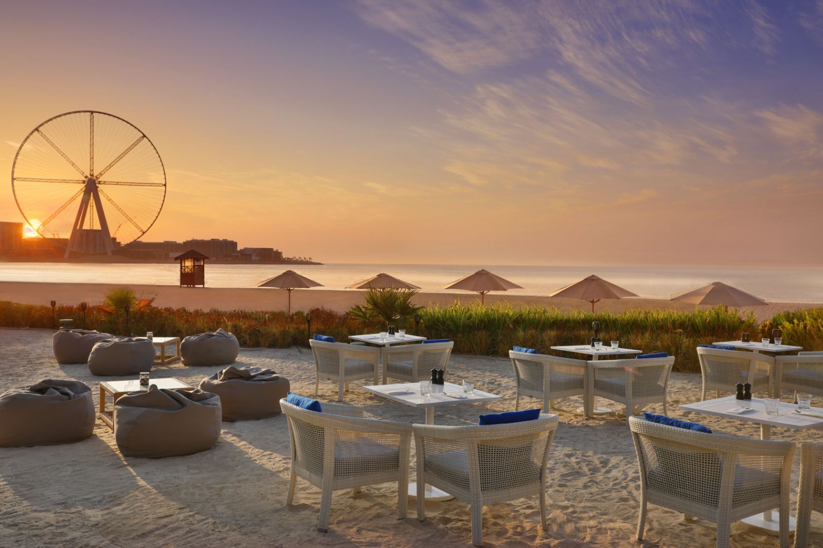 Beach Club seating overlooking Bluewaters Island at Ritz Carlton Dubai