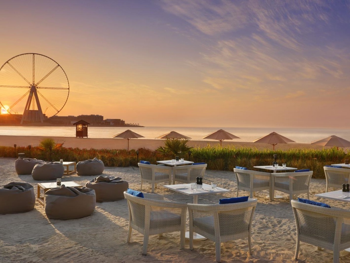 Beach Club seating overlooking Bluewaters Island at Ritz Carlton Dubai