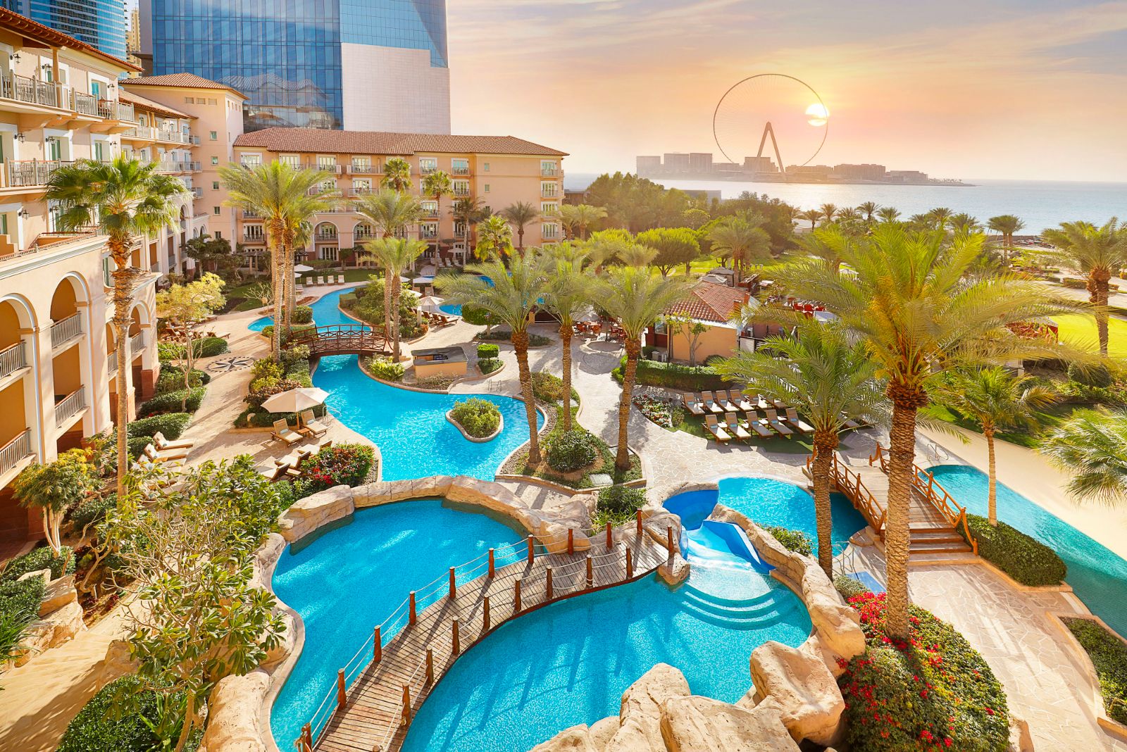 Aerial view of the pool and beach at The Ritz Carlton Dubai