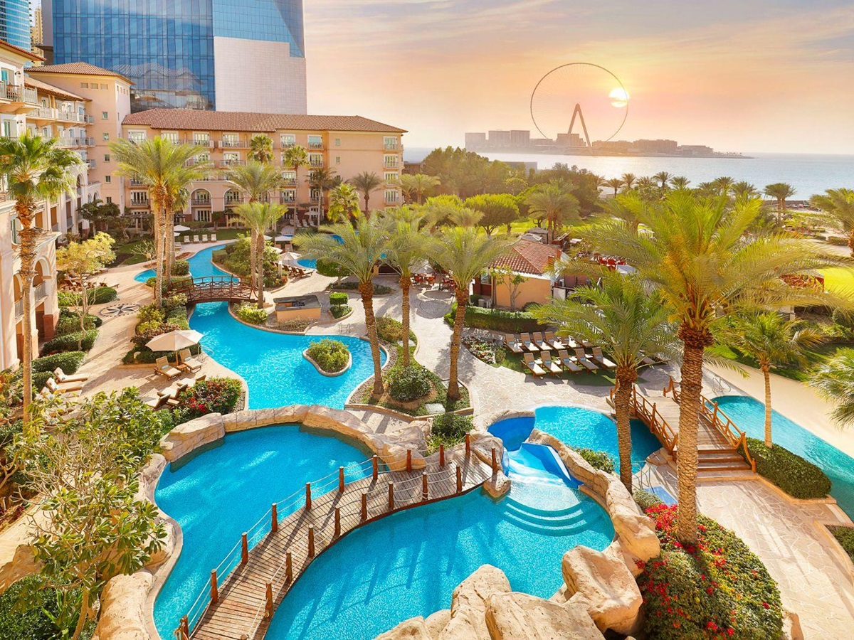 Aerial view of the pool and beach at The Ritz Carlton Dubai