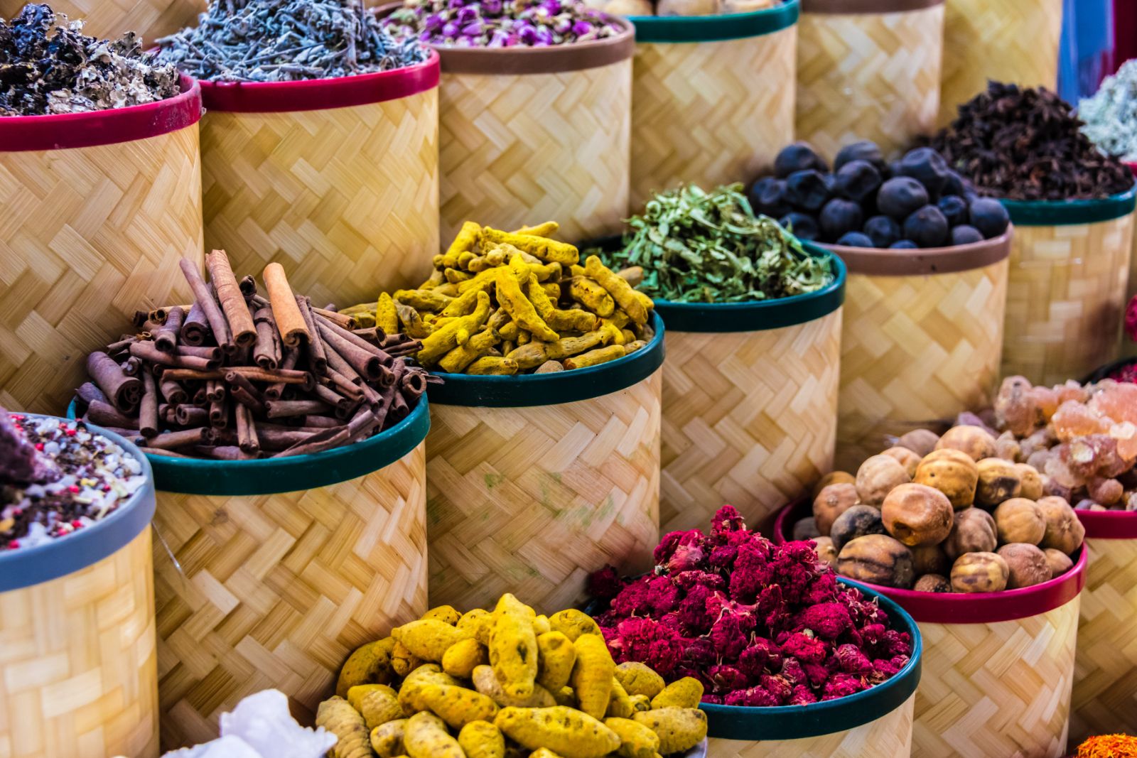 Colourful spices and fragrances in a souk in Dubai