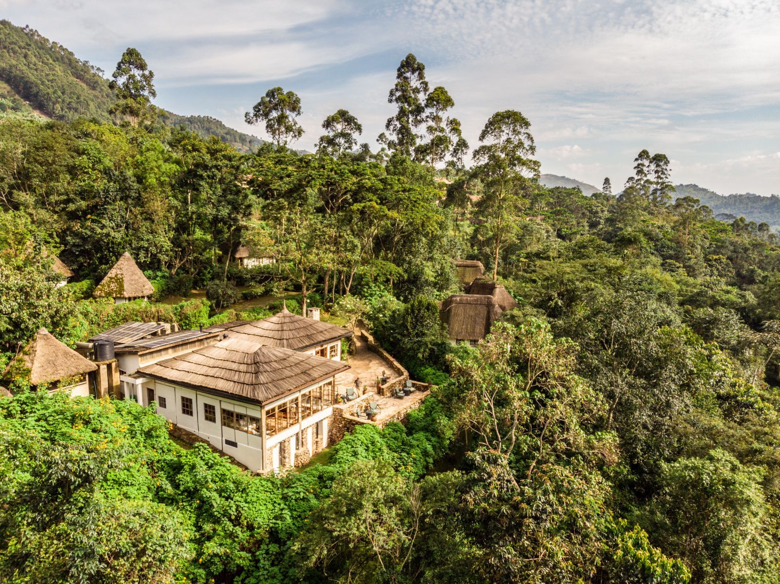 An external view of Bwindi Lodge in Uganda set amongst the rain forest.