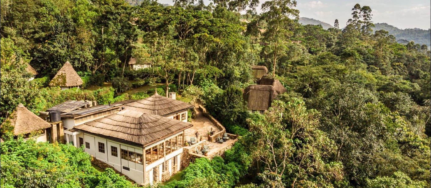 An external view of Bwindi Lodge in Uganda set amongst the rain forest.