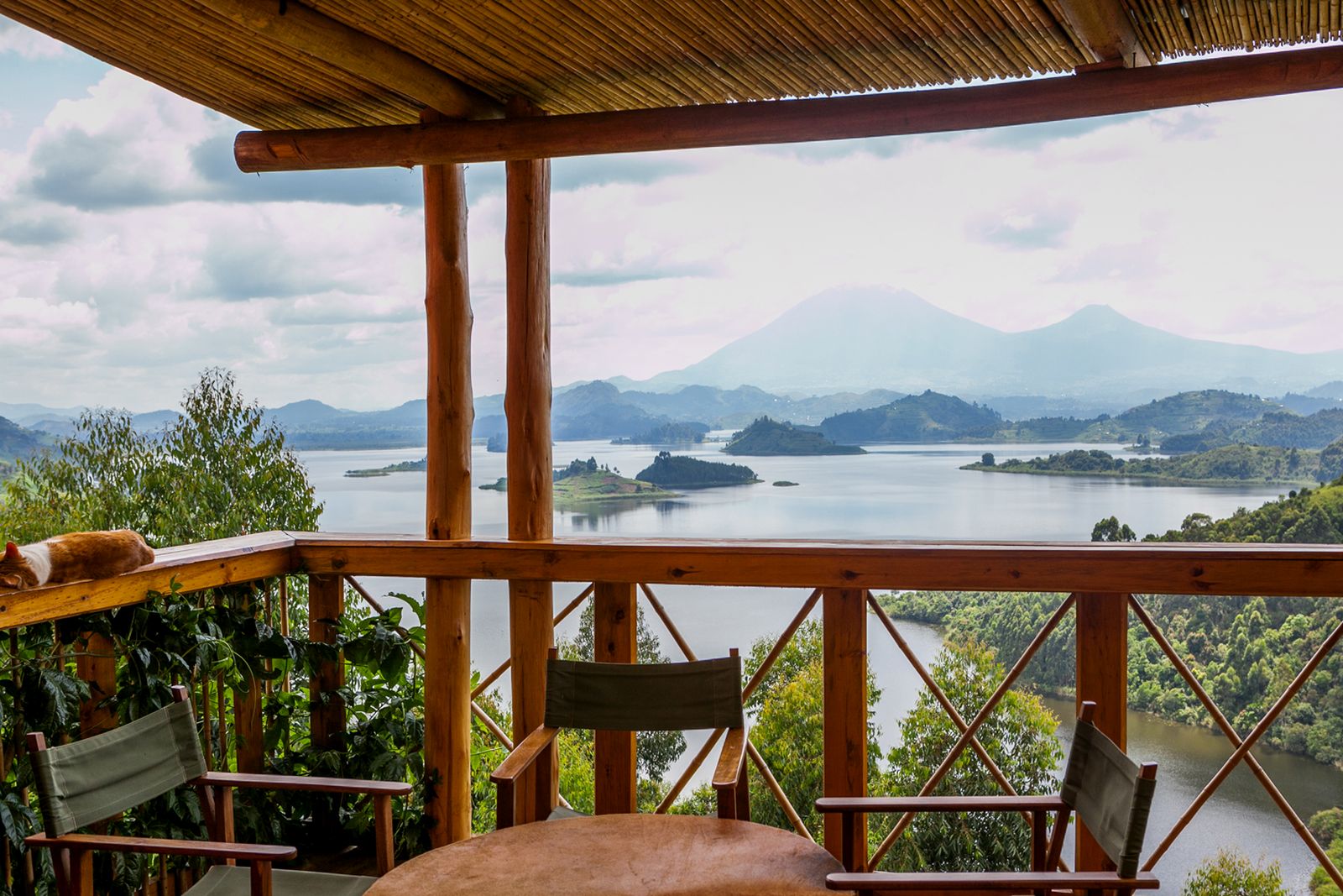 Terrace of the Chameleon Hill lodge overlooking a lake in the Bwindi forest Uganda