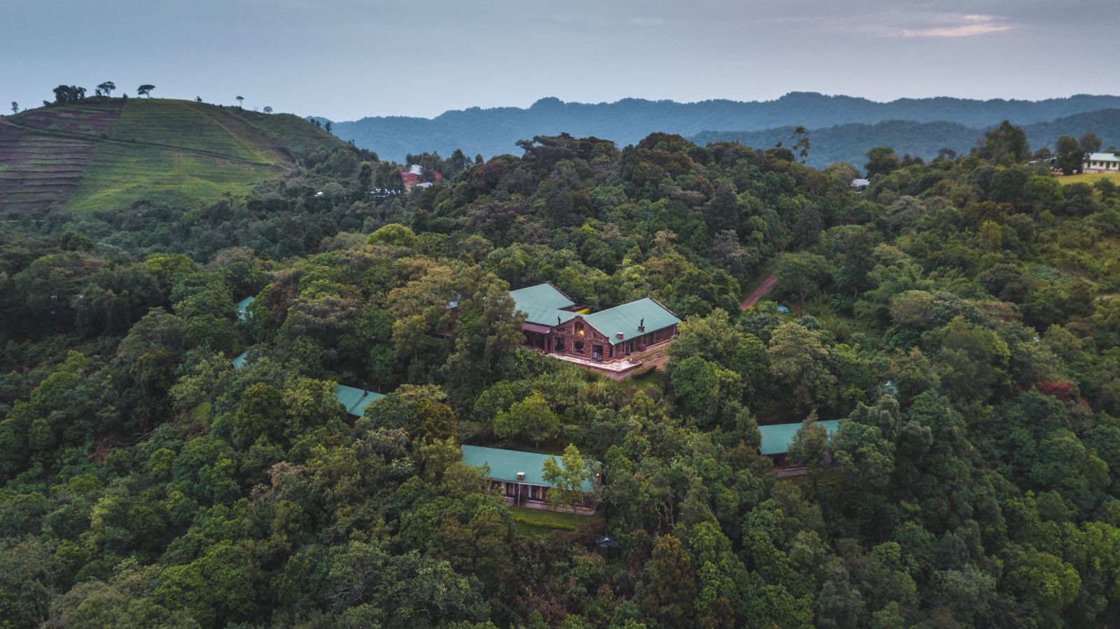 An aerial view of Clouds Mountain Gorilla Lodge in Uganda
