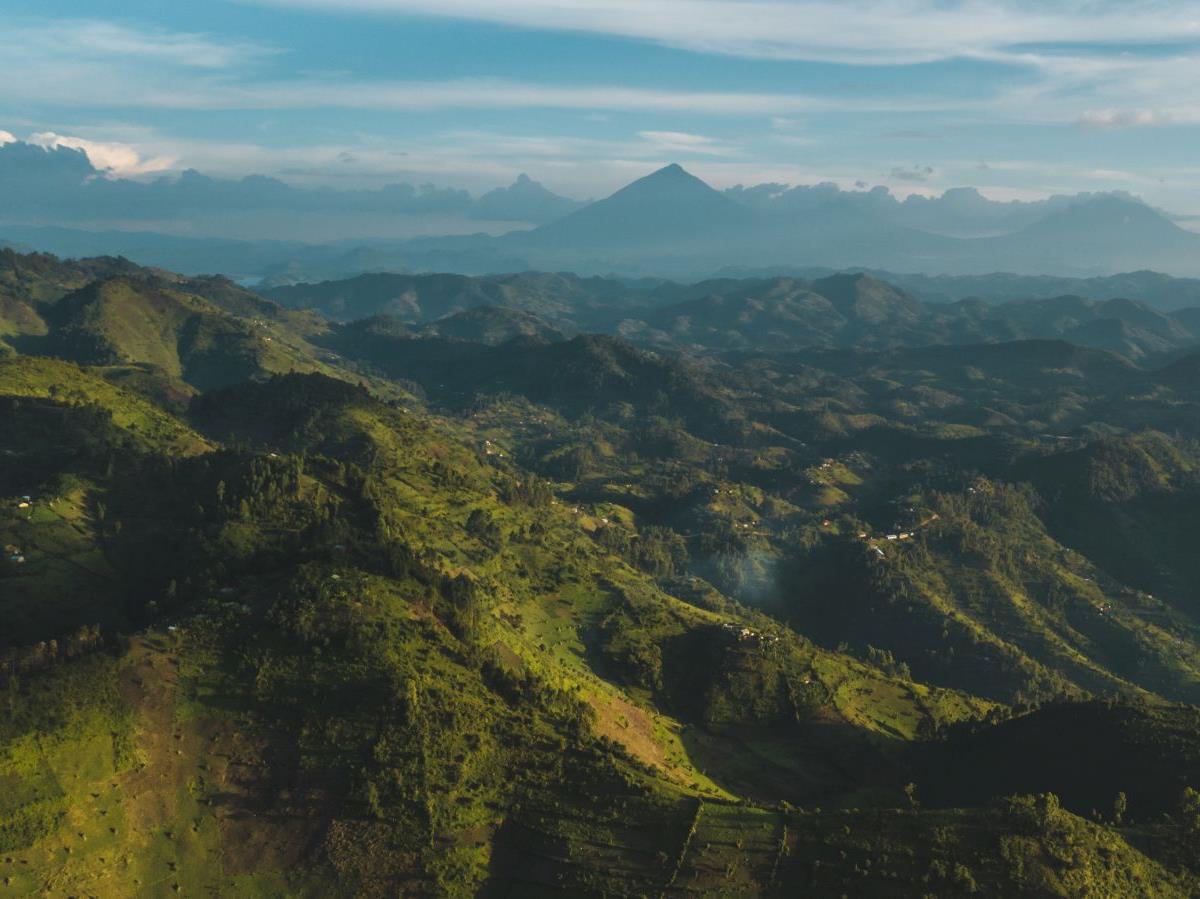 Panoramic views of the mountains surrounding Clouds Mountain Gorilla Lodge in Uganda