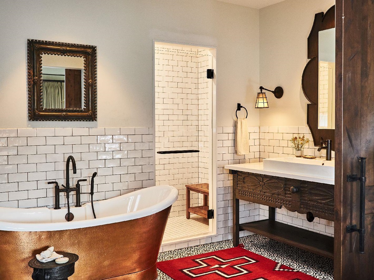 Freestanding copper tub in a casita at Bishop's Lodge New Mexico USA