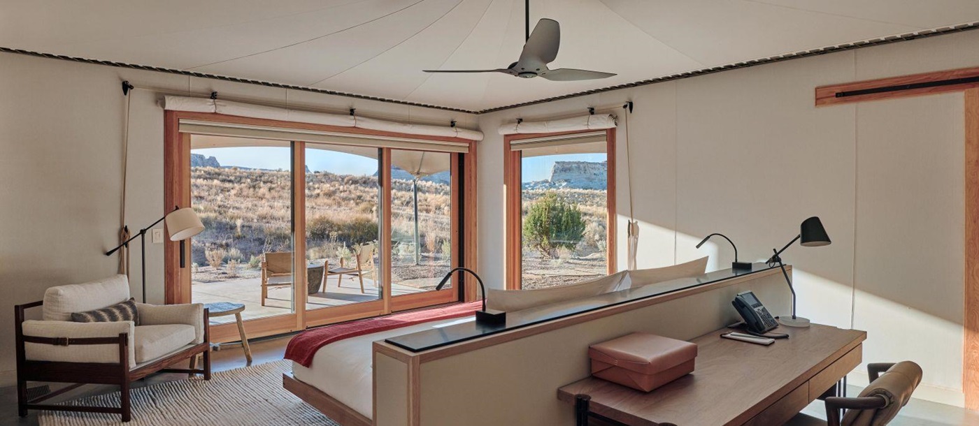 Interior of a luxury tent at Camp Sarika by Amangiri in Utah USA