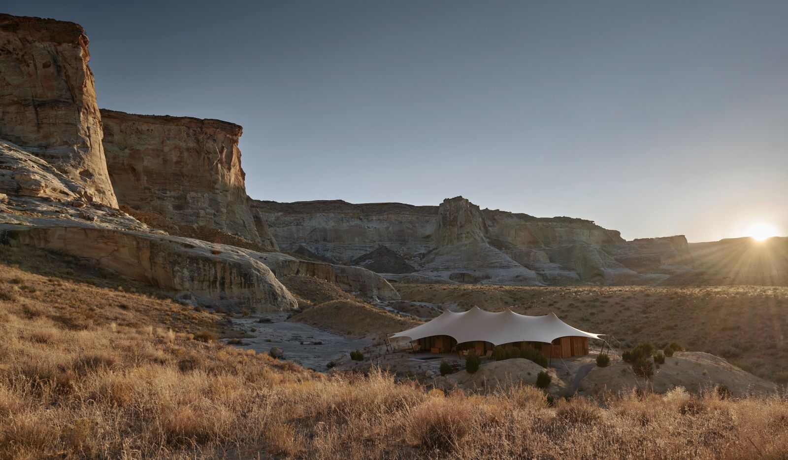 Exterior and canyon surrounds of Camp Sarika by Amangiri in Utah USA
