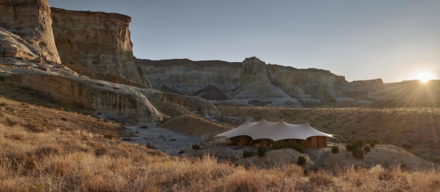 Exterior and canyon surrounds of Camp Sarika by Amangiri in Utah USA