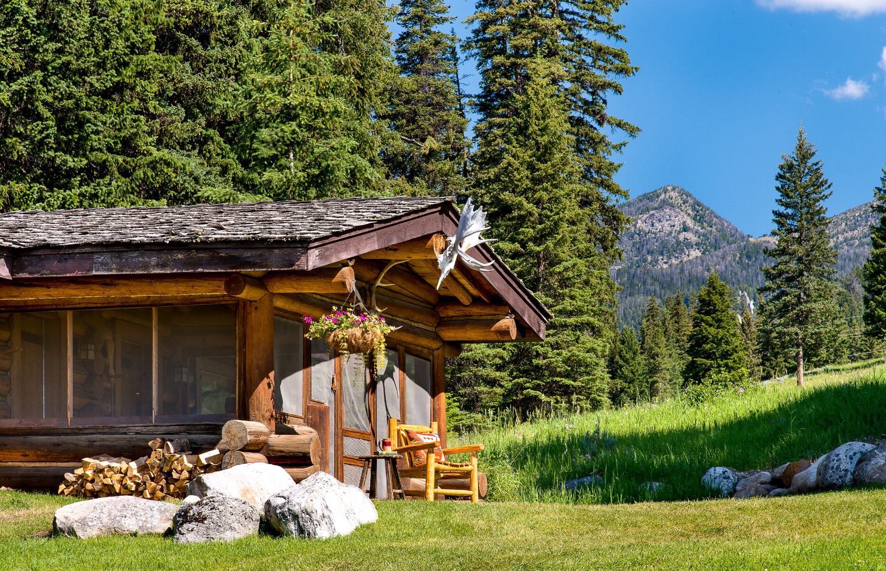 Views towards the mountains from a guest lodge at Lone Mountain Ranch in Montana
