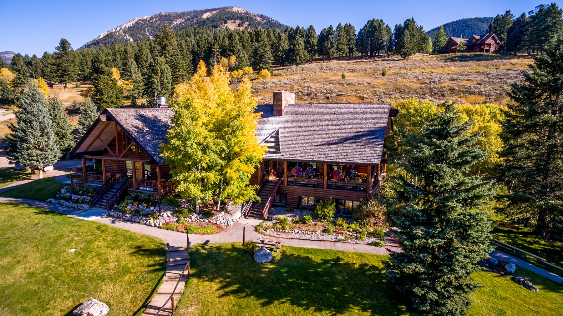 Aerial view of the main lodge at Lone Mountain Ranch in Montana