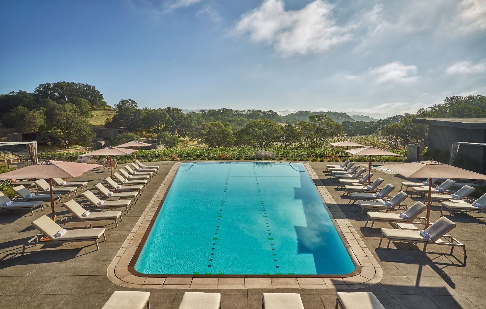 Poolside views and sun loungers around the adult pool at Montage Healdsburg in Sonoma, California