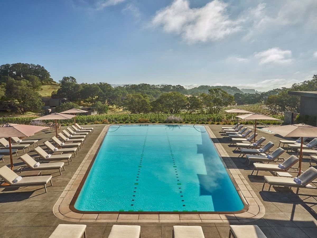 Poolside views and sun loungers around the adult pool at Montage Healdsburg in Sonoma, California