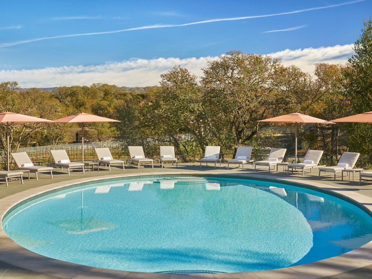 Sun loungers surrounding the family pool at Montage Healdsburg in Sonoma, California